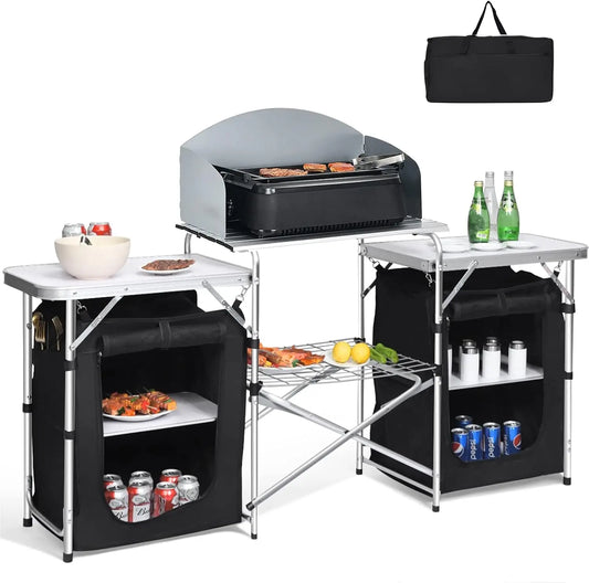 Kitchen Station, Folding Grill Table with 26'' Tabletop, 2 Side Tables