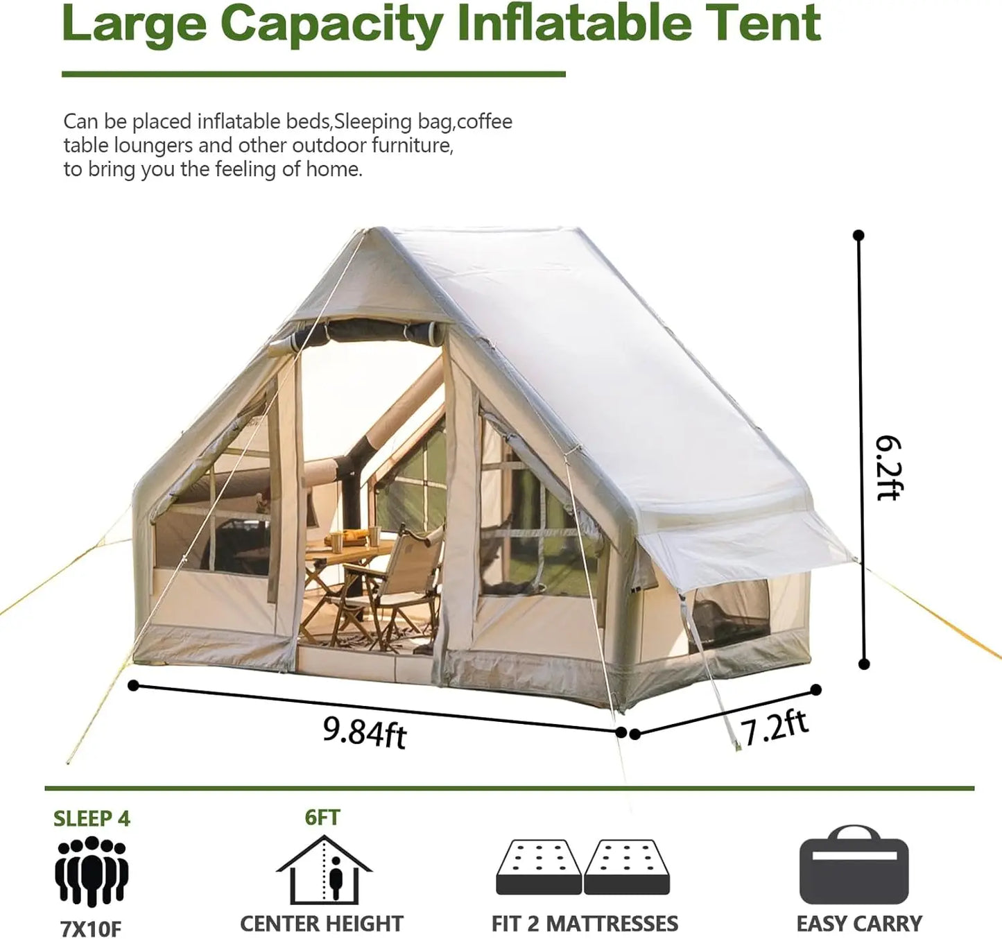 Inflatable camping tent with waterproof canopy, 4-6 people, easy to install outdoor, mosquito net