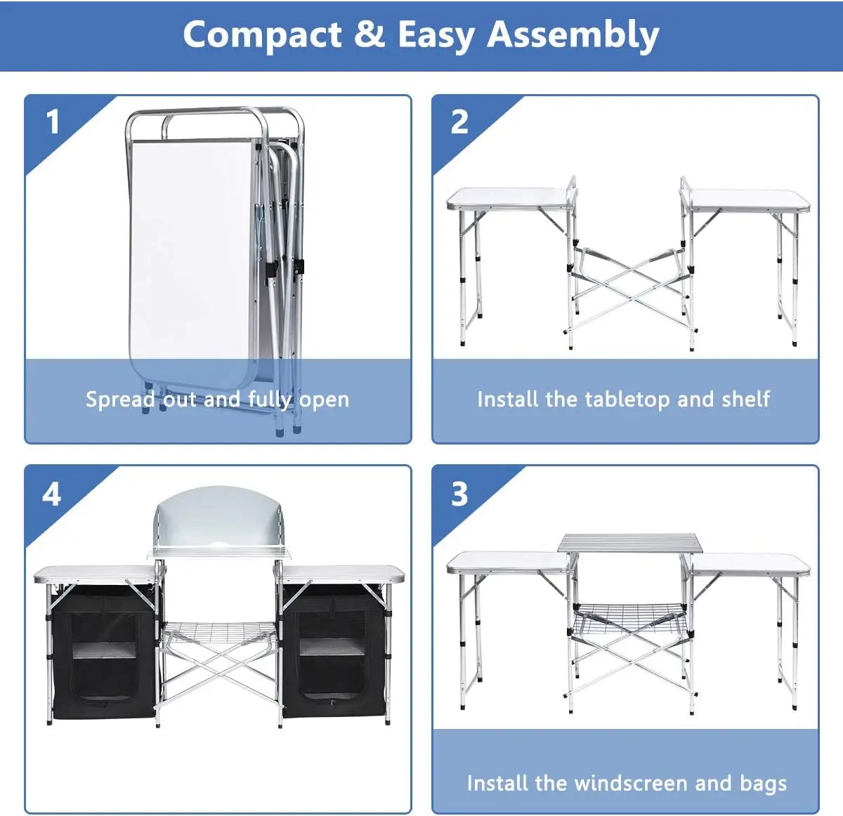 Kitchen Station, Folding Grill Table with 26'' Tabletop, 2 Side Tables