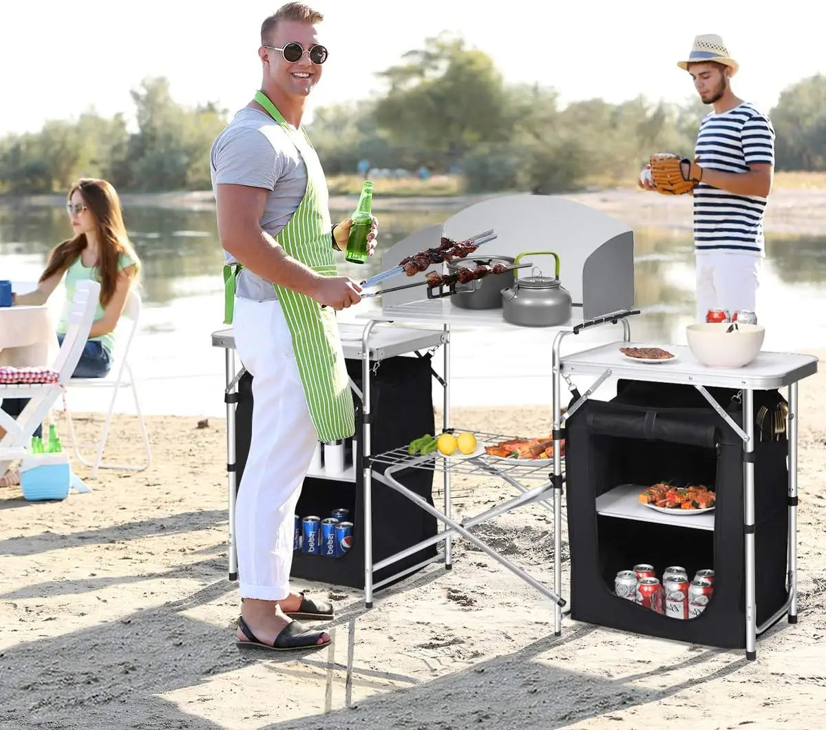 Kitchen Station, Folding Grill Table with 26'' Tabletop, 2 Side Tables