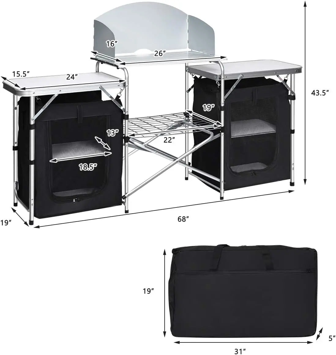 Kitchen Station, Folding Grill Table with 26'' Tabletop, 2 Side Tables