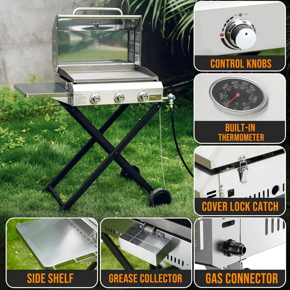 Stainless Steel Flat Top Gas Grill Griddle Stove with Lid,