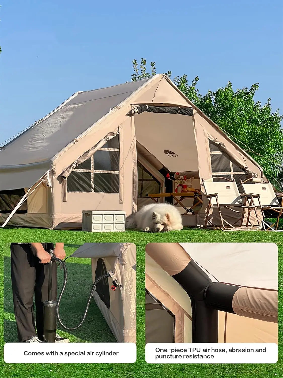 Inflatable camping tent with waterproof canopy, 4-6 people, easy to install outdoor, mosquito net